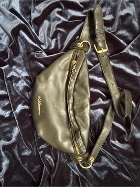 BCBGeneration Black Leather Crossbody Belt Bag with Gold Accents